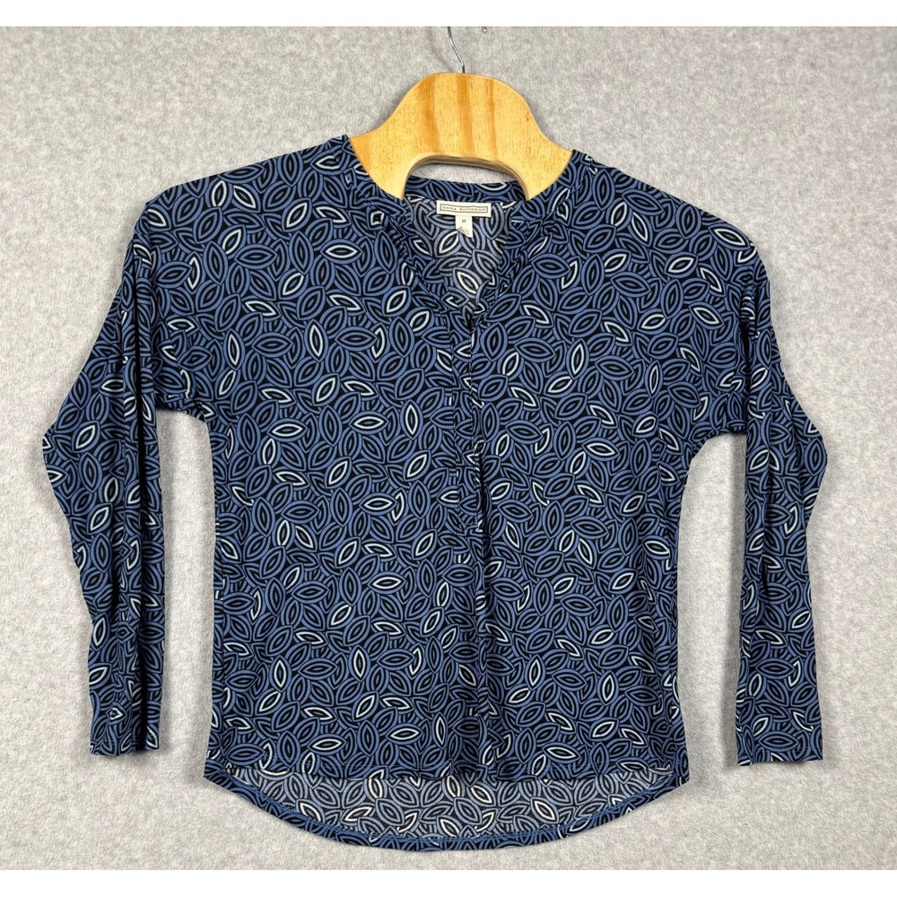 Dana Buchman Blouse Womens Medium Blue Excellent Geometric Split Neck Top